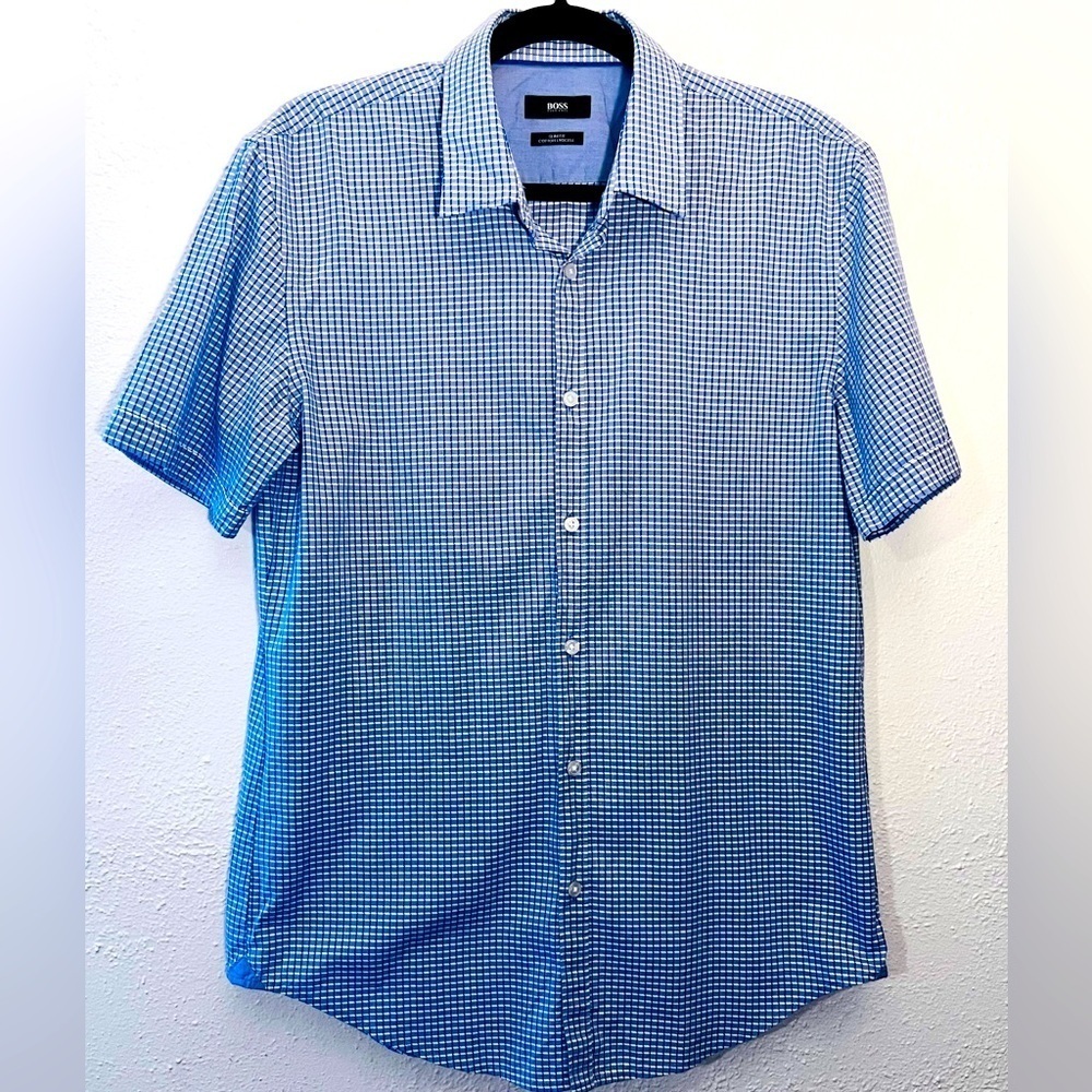 HUGO BOSS Regular Blue Check Shirt Casual Formal Men Size L Preppy - Picture 1 of 5